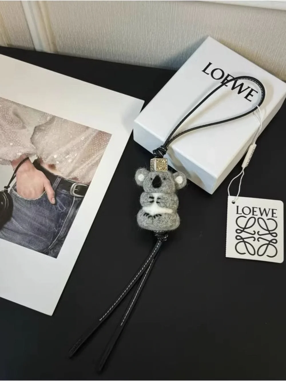 LOEWE Grey Felt Koala Bag Charm with Black Leather Cord